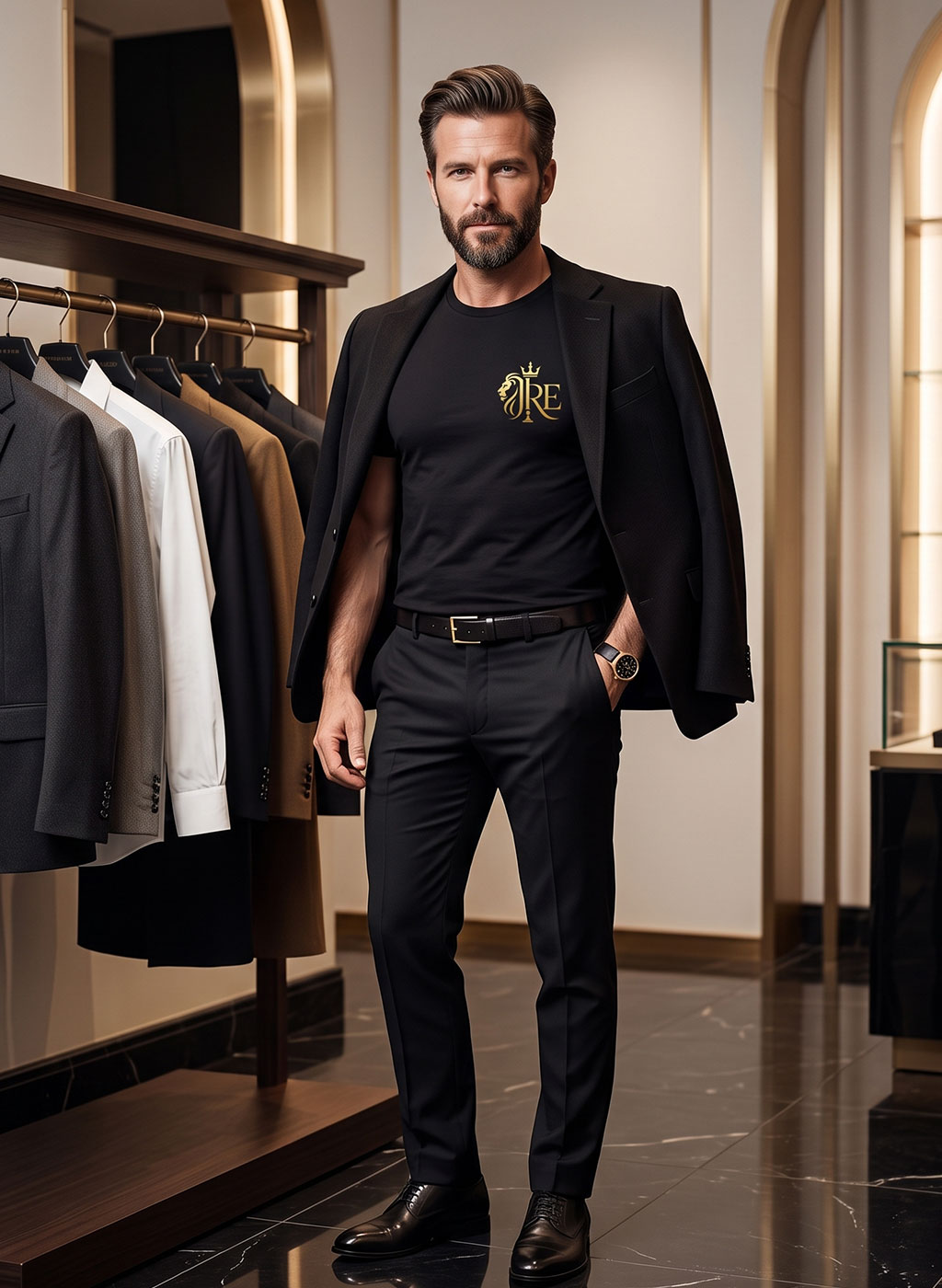 Modelo masculino vestindo camiseta preta premium JRE