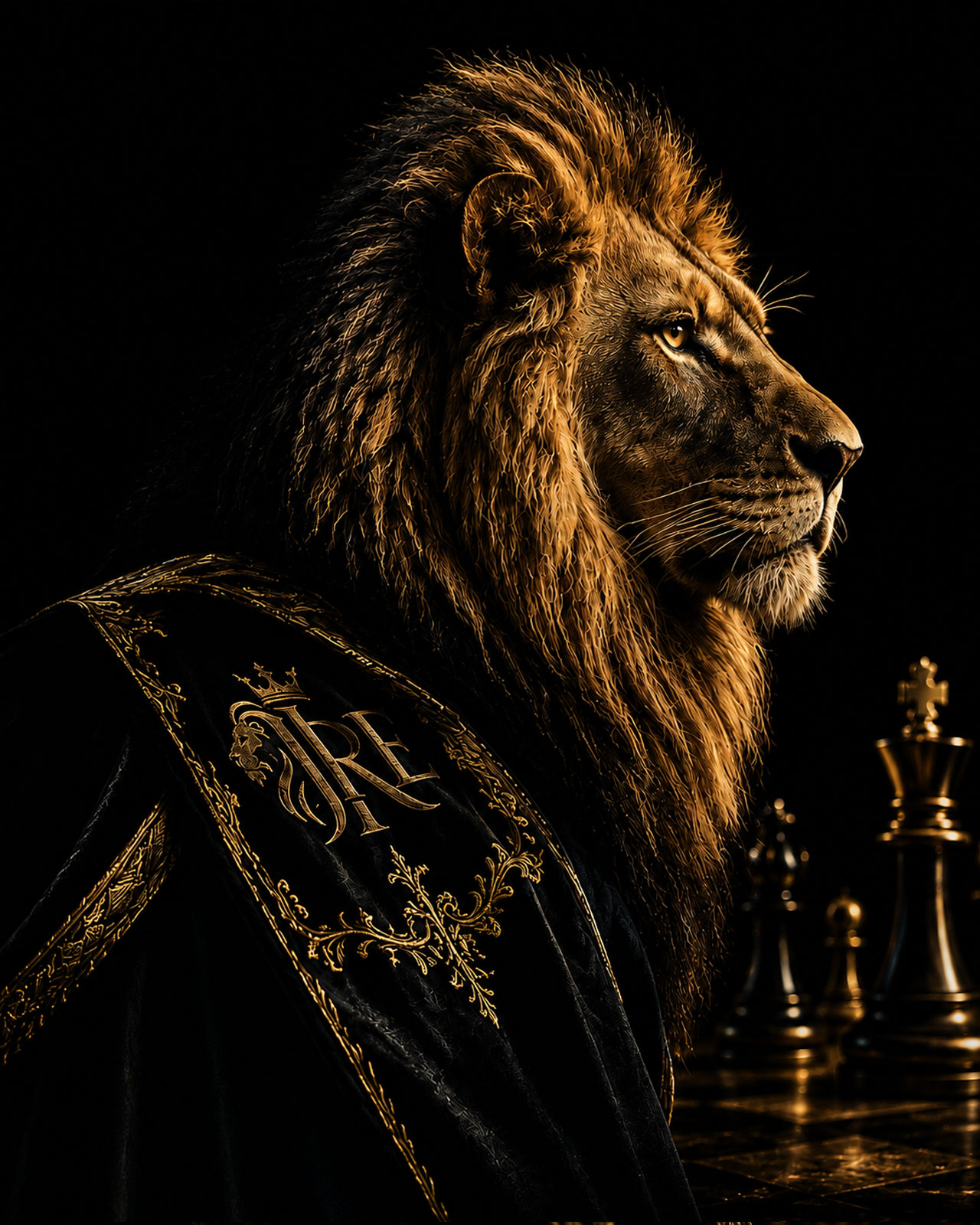 Leão em perfil vestindo manto real com bordado dourado